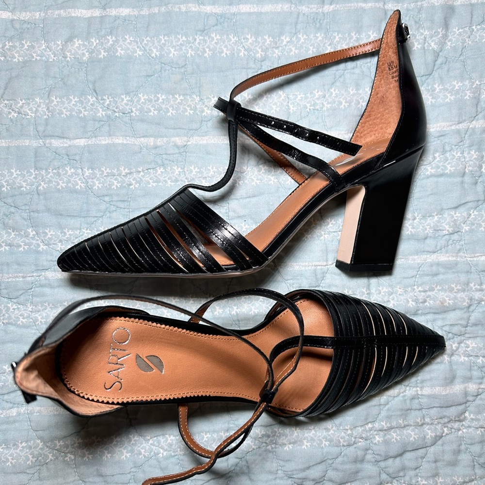 SARTO By Franco Sarto Black Heels with Cross-Ankle Strap